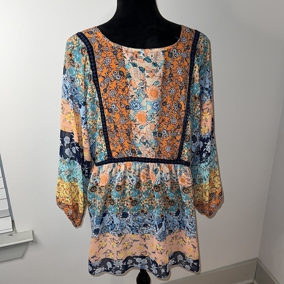 New Directions Sz L Boho flower print 3/3 sleeves top women’s blouse - Picture 4 of 7